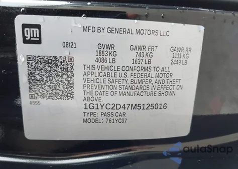 2021 Chevrolet Corvette Stingray Rwd 3Lt z USA, uszkodzony, nr VIN 1G1YC2D47M5125016